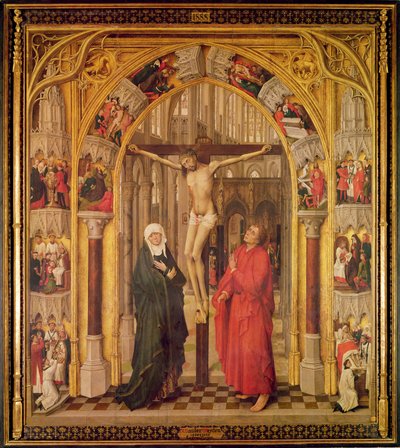 Christus aan het kruis, met de Maagd Maria en Sint Jan onder een boog met gotische traceringen naar een kerk, centraal paneel van het Verlossing Drieluik, c.1460 door Vrancke van der Stockt